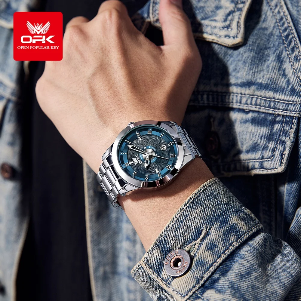 OPK 6056 Fashion Quartz Watch For Men Roman Scale Stainless Steel Waterproof Calendar Window Luminous Waterproof Watch For Men