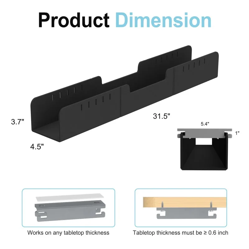 Adjustable Under Desk Cable Tray with Power Strip Holder Cord Organizer for Home or Office Desk