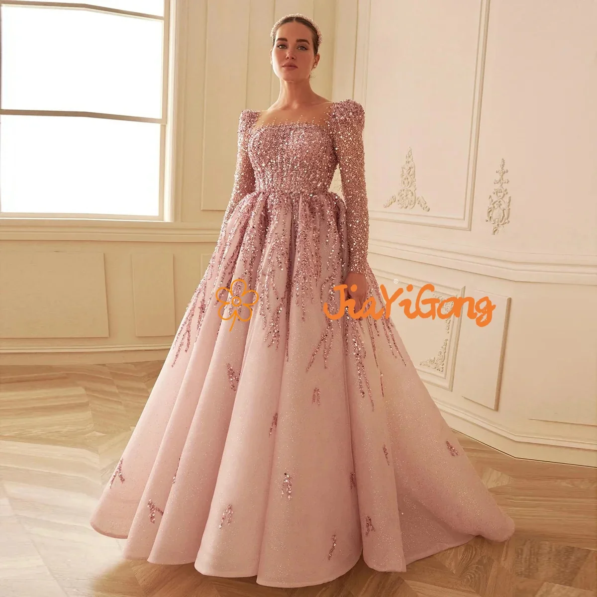 

JiaYiGong 2026 Luxury Beaded Pink Luxury Woman Gala Dress Long Sleeves Square Neckline Ball Gown Sequins Ceremony Dress JE12825