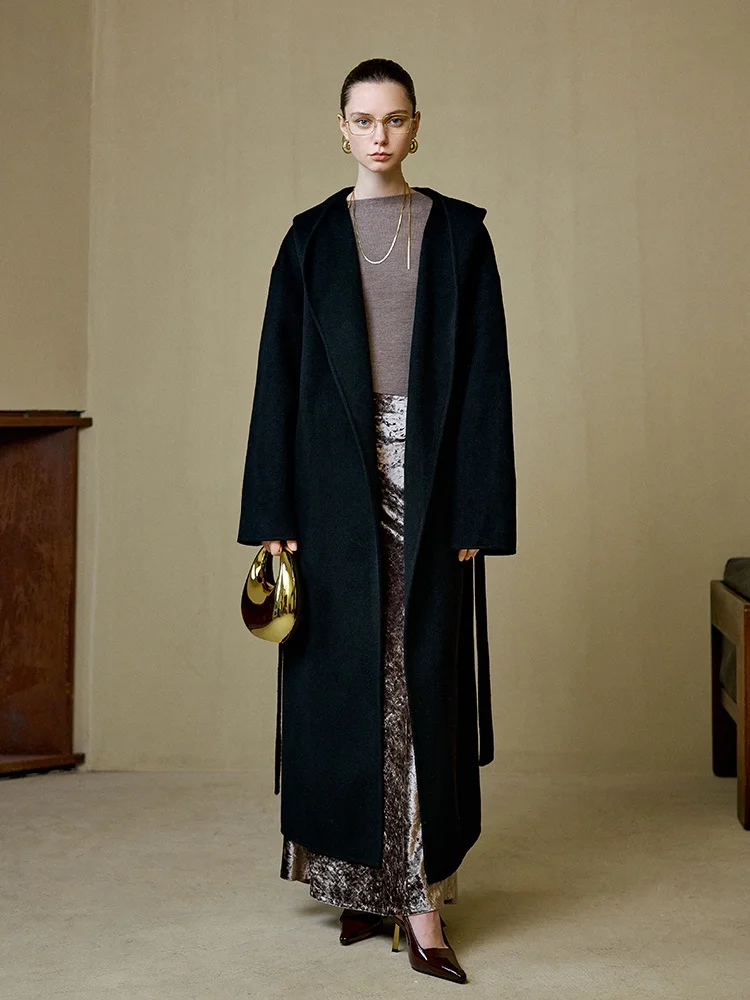 

Ele Woolen Double-Faced Coat with Hood by MISSPRINS Women's Long Sve Commute Sle Coat with Belt Long Coat