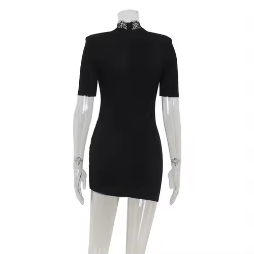 Lace Patchwork Hollow Out Bodycon Sheath High Collar Women Dresses Half Sleeves Outfits Sexy Club Fashion Female Mini Vestidos - Image 5