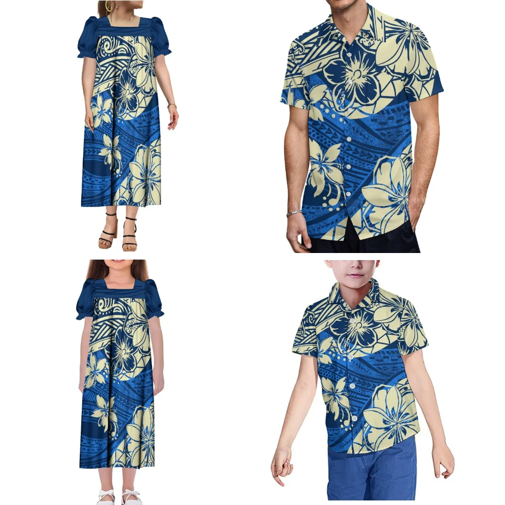 ชุดลำลองสำหรับครอบครัวช่วงฤดูร้อนสำหรับผู้หญิงและเด็กผู้หญิง คอเหลี่ยม แขนสั้นทรงหลวม พร้อมเสื้อเชิ้ตผู้ชายสไตล์โพลินีเซียนแบบสั่งทำ (รวมภาษี)