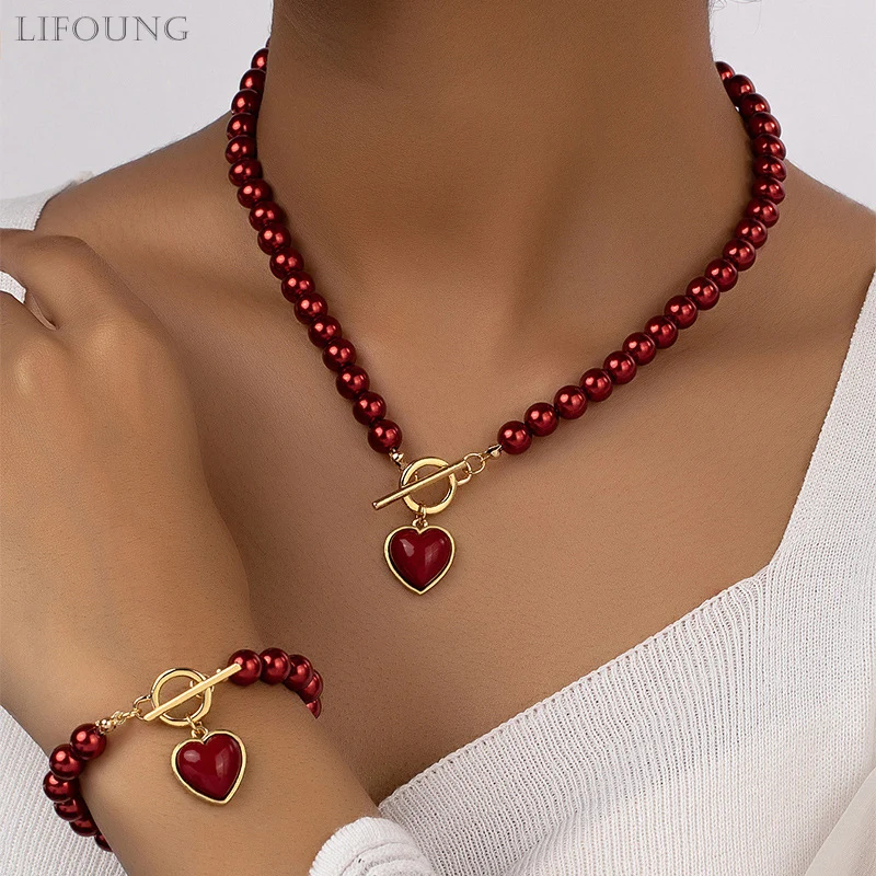 Immitation Pearl Heart Necklaces Bracelets Set For Women Elegant Fashion Jewelry Pendants Natural Color Beads Wholesales 2023747