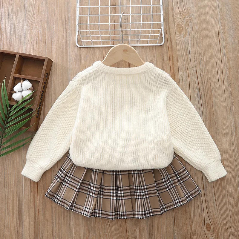 2024 Autumn Winter Babys Girl Two-piece Clothes Set 3D Rabbit Knitted Sweater Cardigan Outfits Fleece Plaid Skirt Kid Girl Suits