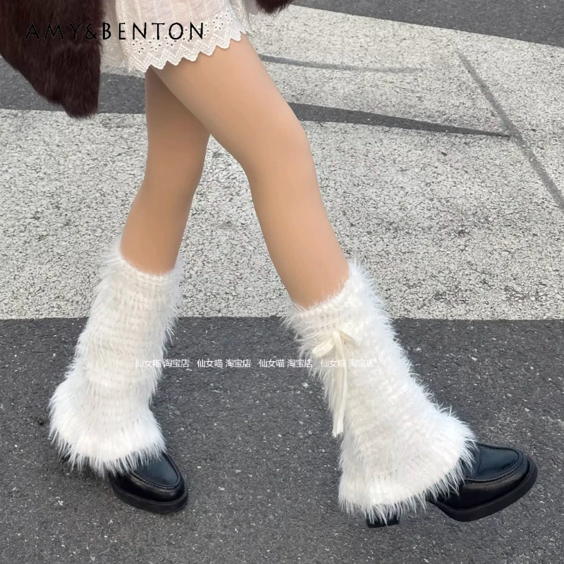 

Japanese Lolita Sweet Faux Mink Drawstring Plush Women's Socks 2025 Autumn Winter New Ruffled Lace-up Fluffy Leg Warmers Ladies