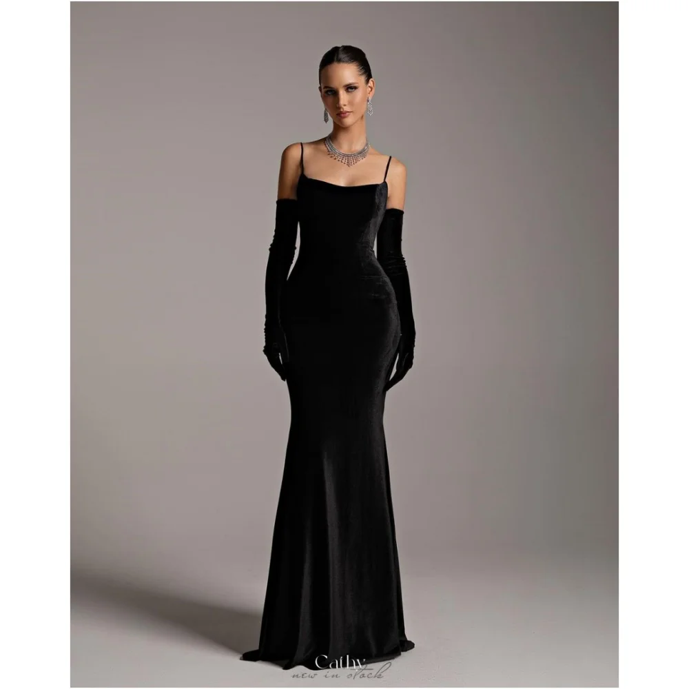 Cathy Black Mermaid Velvet Spaghetti Strap Wedding Dresses Glove vestidos de noche Floor-Length Customized Formal Evening 2024