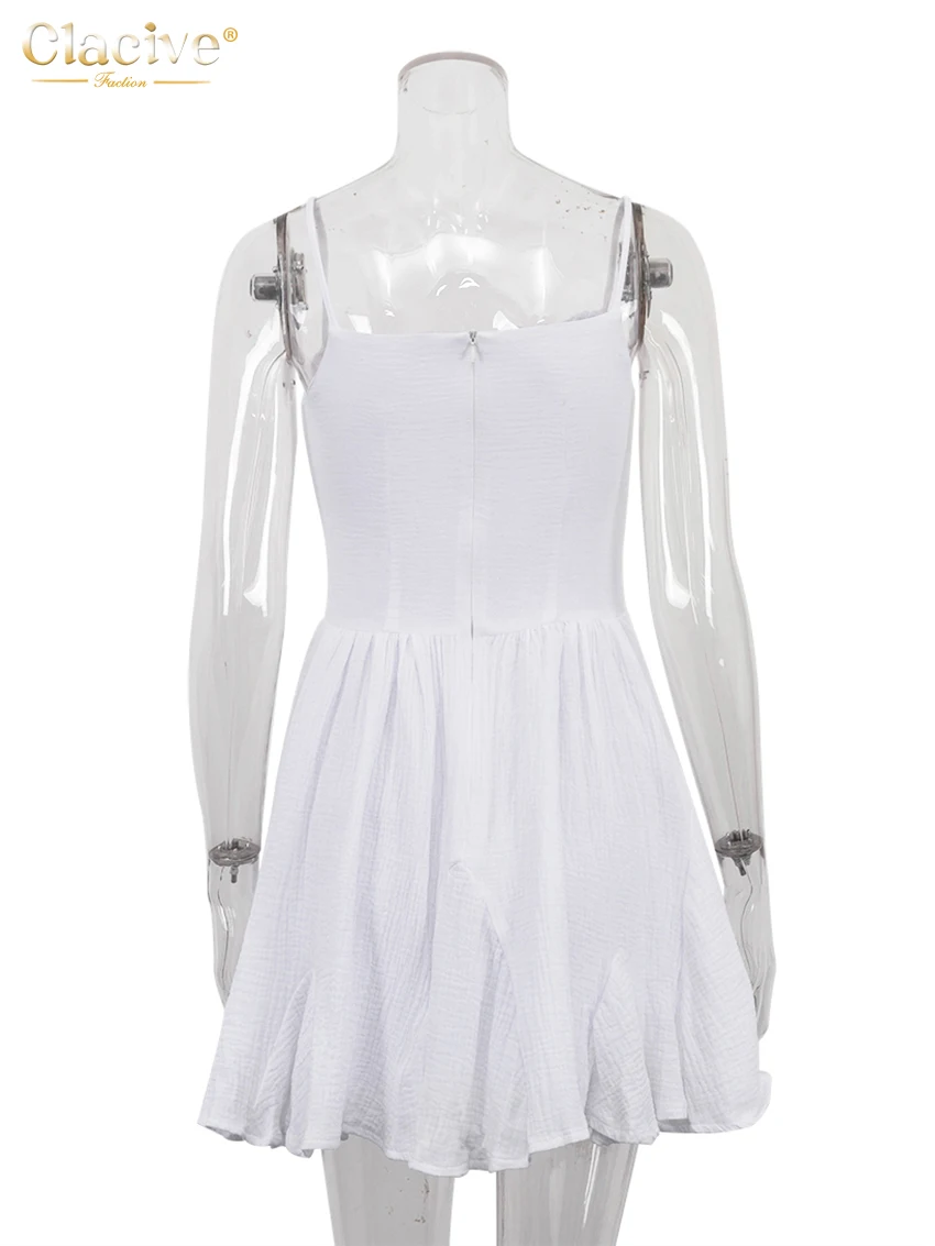 Clacive Summer Loose White Women's Dress 2025 Sexy Strap Sleeveless Mini Dresses Elegant Classic High Waist Pleated Female Dress