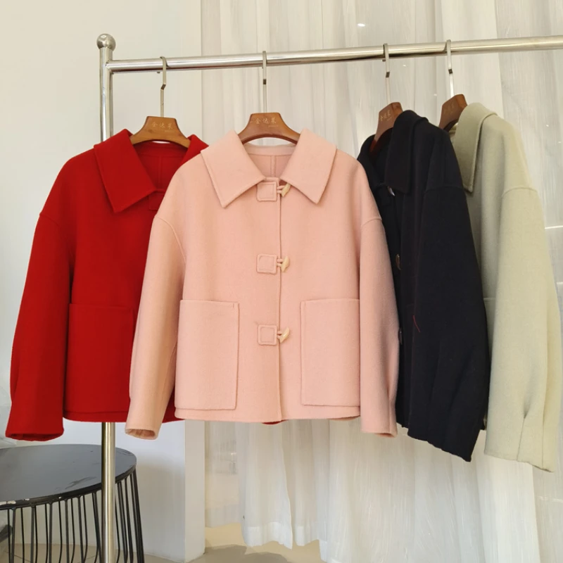 

RosEvans New Solid Color Horn Button Thick Wool Coat Short Loose Warm Lapel Long Sleeve Woolen Jacket Woman Tide Autumn Winter