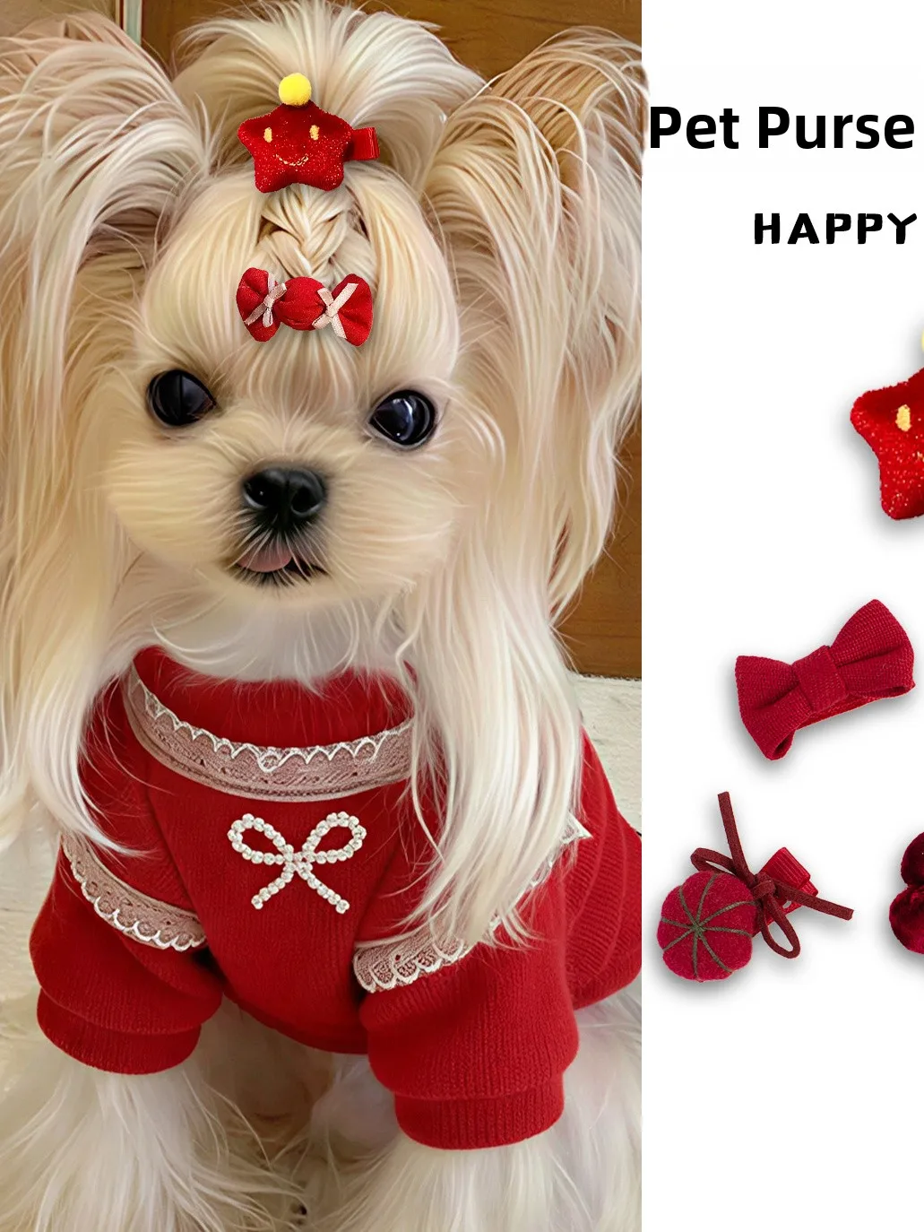 Handmade Red Pet Hair Clips for Small Dogs Yorkie Maltese Puppy Universal  Dog Hair Accessories New Year Headwear - view 3