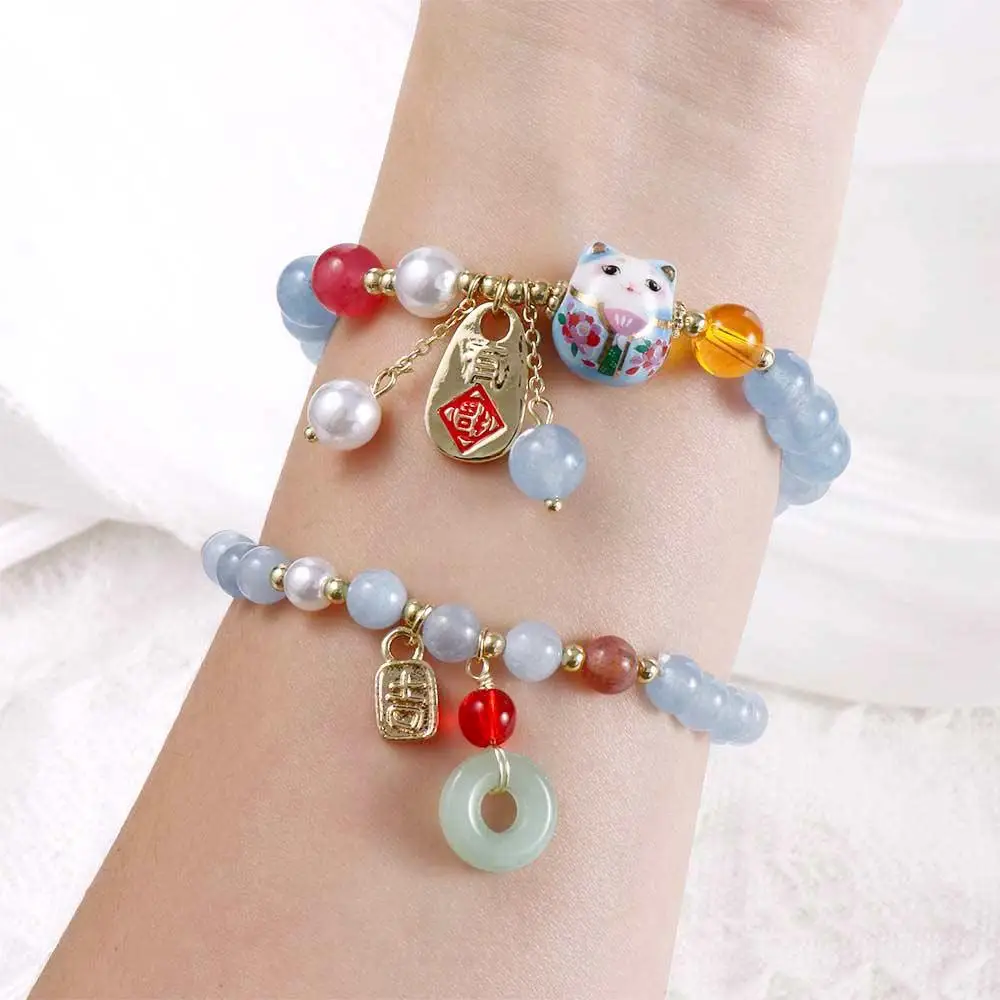 Fortune Cat Blue Maneki Neko Lucky Cat Pendant Crystal Female Hand Chain Stone Bracelets Korean Style Bracelets Bead Bracelets