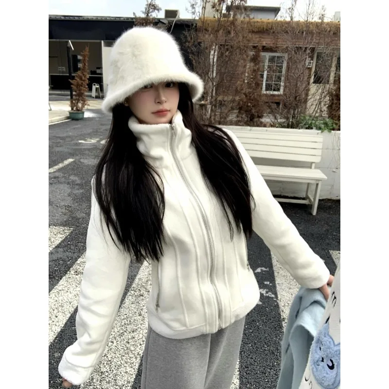 

2025 New Women's White Jacket Women's Autumn and Winter Season Fleece Thick High-End Slimming Zipper Waist Jacket