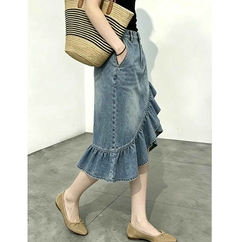 Retro Denim Skirt Women High Waist Irregular Ruffle Edge Fishtail Medium and Long Skirt