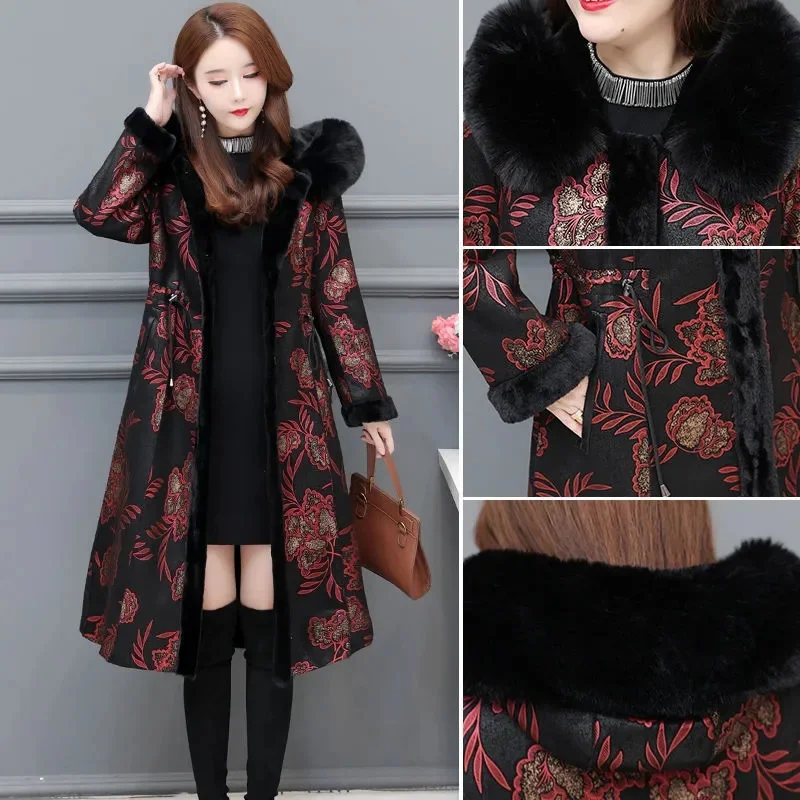 2023 Winter Middle aged Women\'s Wear Mom Fur Collar Cotton Coat Hooded Deerskin Fleece Double Sided Leather Fur One Piece Jacket