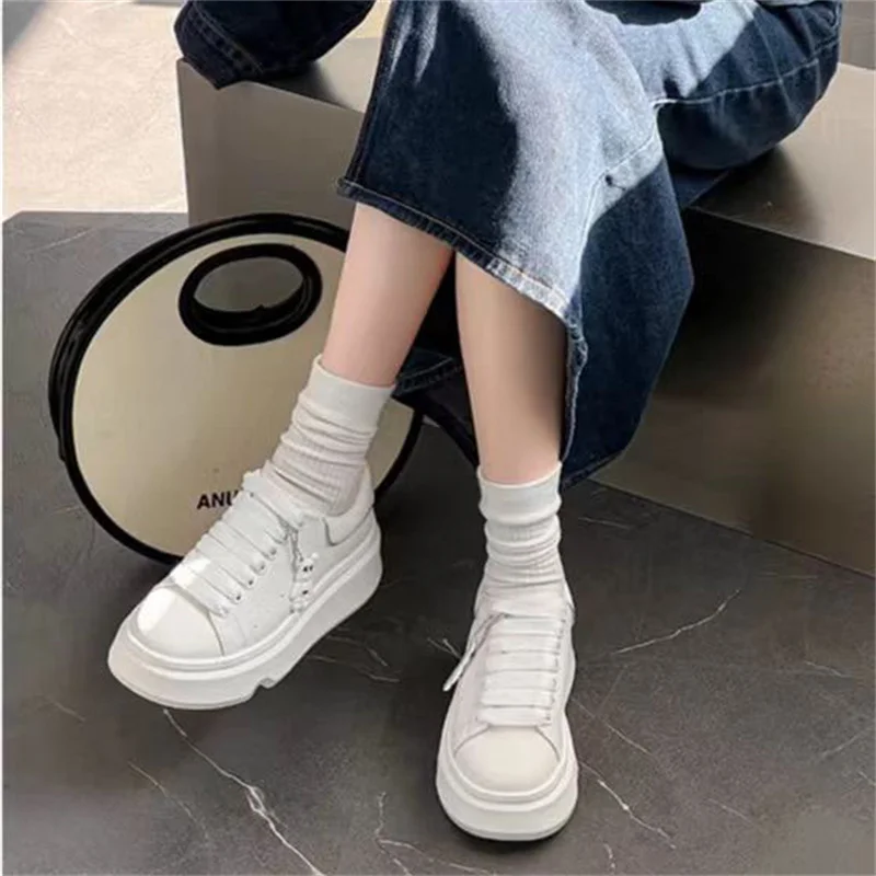 Genuine Leather McQueen White Shoes for Women 2024 Autumn Fashion Versatile Sports Shoes Thick Soled Height Increasing Casual Sh