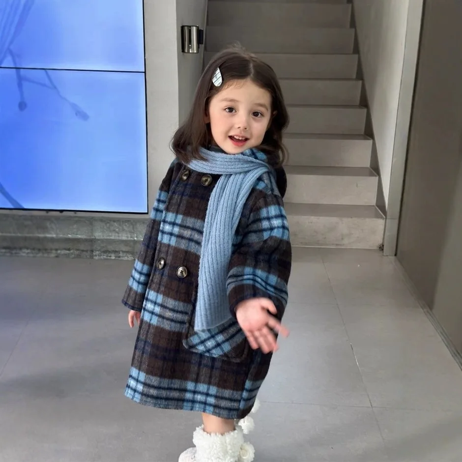 Girls Blue Coat Plaid Cotton Laminated Thick Hooded Coat 2024 New Winter Clothing Fashion Coat Korean Simple Style Clothes