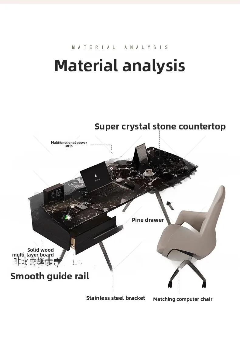 Modern simple supercrystalline stone desk Italian minimalist desk rectangular double drawer all solid wood home computer desk