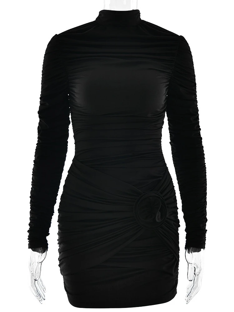 XIAOTANGฤดูใบไม้ร่วง3Dดอกไม้แขนยาวชุดมินิเซ็กซี่ผู้หญิงครึ่งคอRuched Bodycon Club Party Dressesหญิงชุด