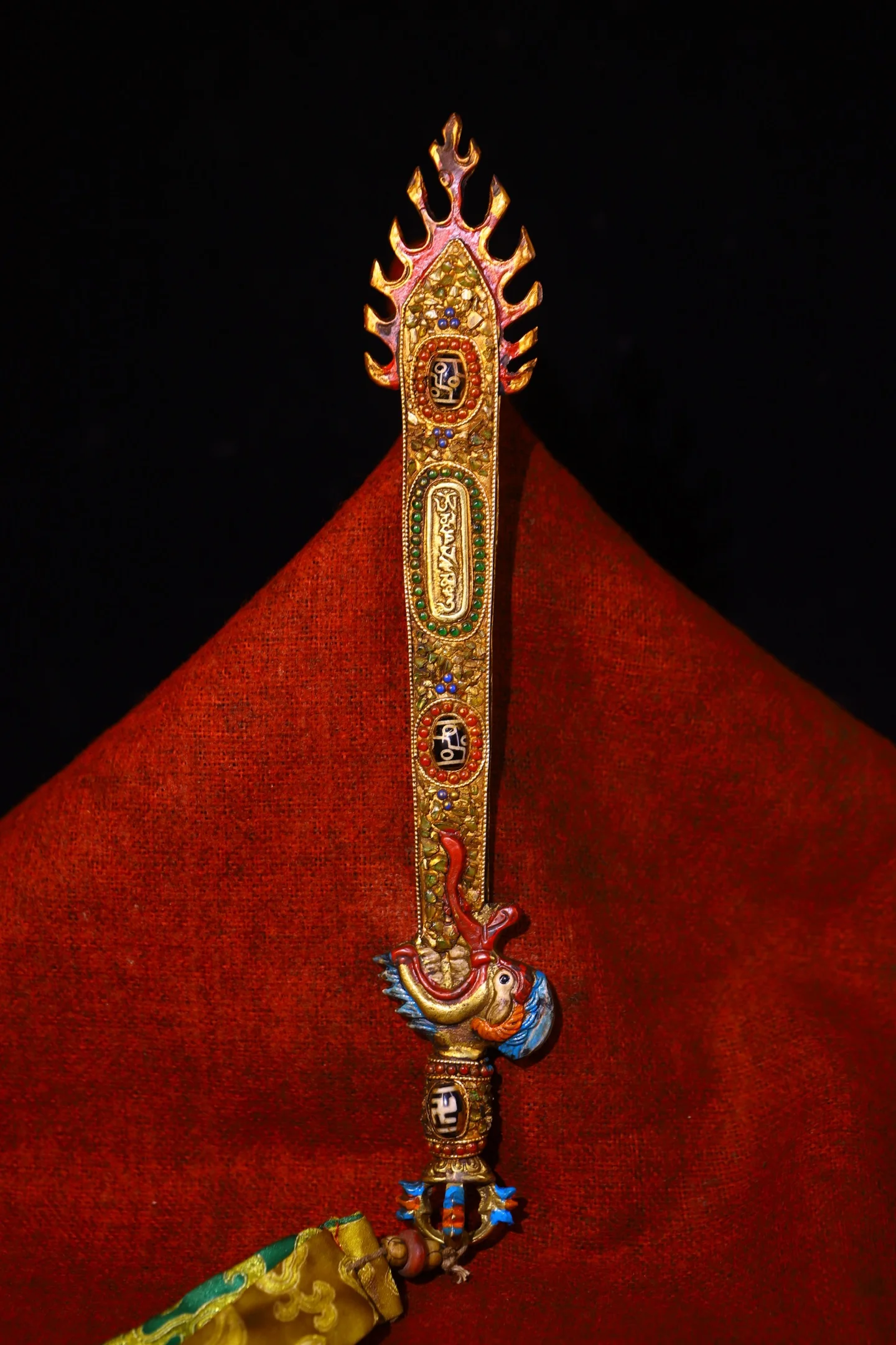 12”Old Lima Bronze Mosaic Gem gZi Beads Shell Wisdom Sword Vajra Pendant prayer flag Beast head arm Wenshu Sword Amulet