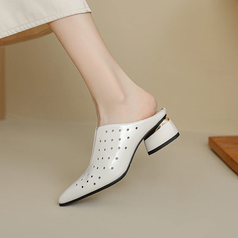 2024 New Women Pumps High-heels Pointed Toe Slippers Genuine Leather Retro Style Casual Working Shoes Woman Spring Summer