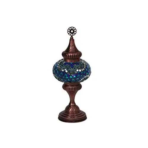 LaModaHome English Moroccan Handmade Mosaic Glass Table Lamp Light with Decorative Polished Copper Fixture for Bedroom, Livingro