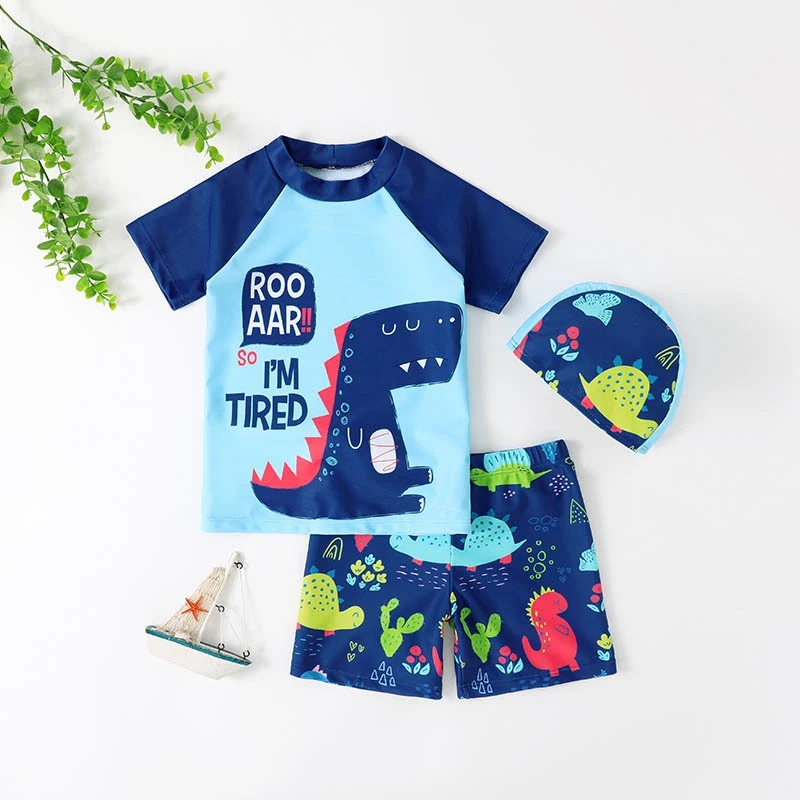 Summer Boy Swimwear with Swim Hat 2Pcs Lovely Cartoon Print Short Sleeve Swimsuit Baby Toddler Kids Bathing Suit Surf Wear 1-7Y