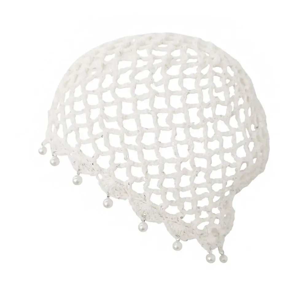 

Fashion Hollowed Out Woven Pullover Hats Pearl Fringed Crochet Beret Cap Breathable Knitted Hat Travel