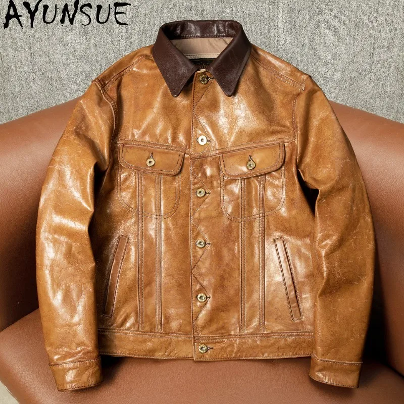 AYUNSUE Men Top Layer Goatskin Leather Jacket Turn Down Collar Short Genuine Leather Coat Casual Classic Real Leather Jackets
