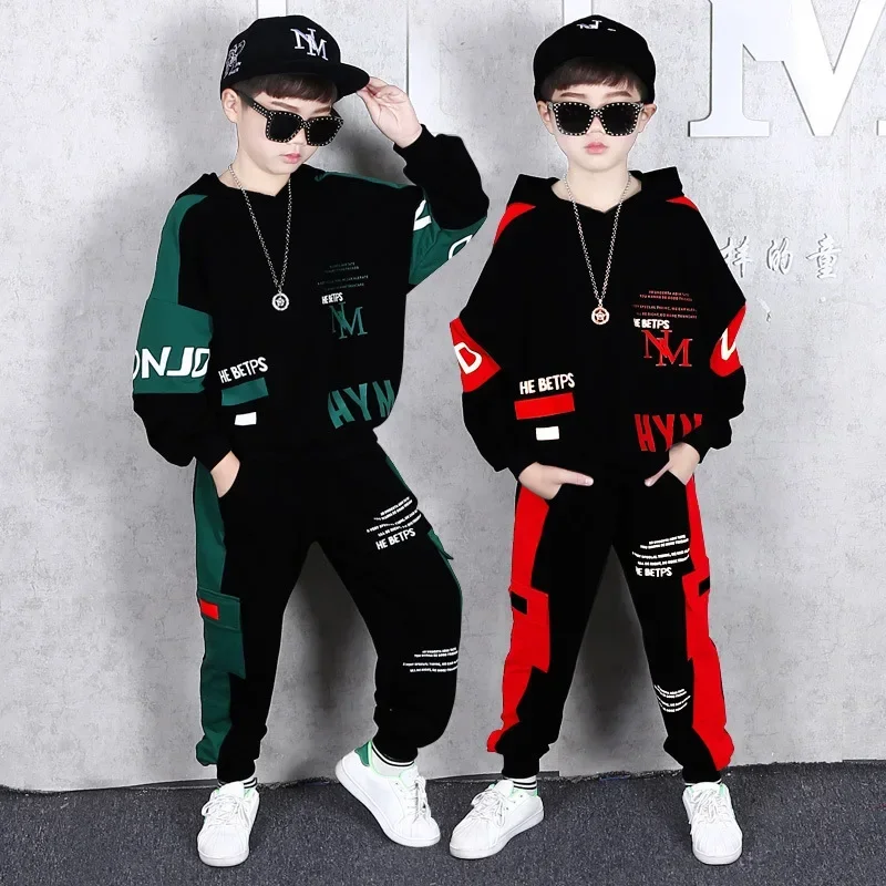 

Children Clothes Autumn Teenage Boys Long Sleeve Patchwork Tracksuit Hooded Tops + Pants 2pcs Kids Casual Sports Set Outfits