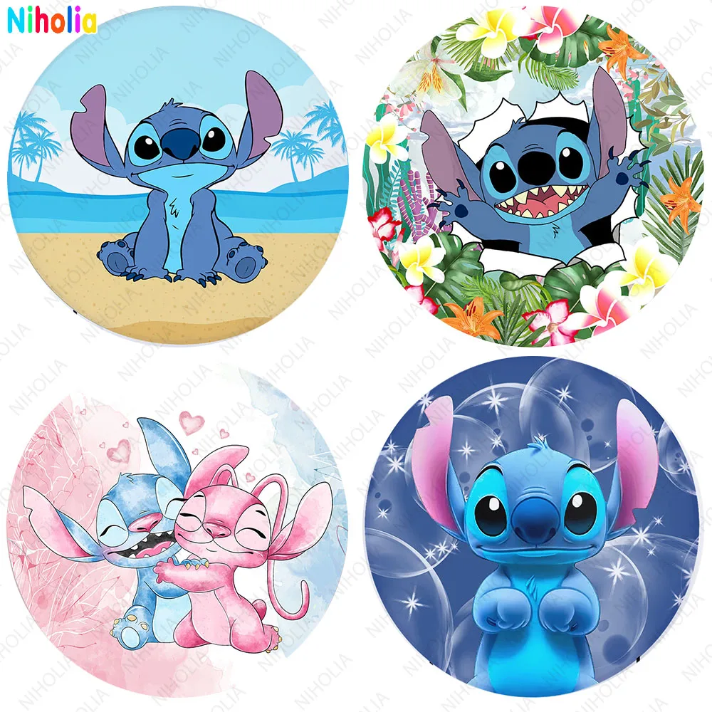 Disney Lilo & Stitch Bacdrops Round Cover For Girl Or  Boy Happy Birthday Photography Backgrounds Baby Show Decor Photo Studio