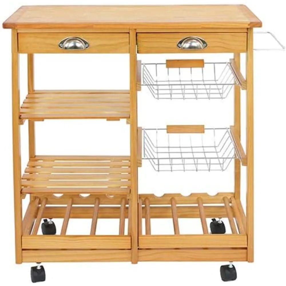 

Wood Rolling Kitchen Island Storage Cart Dining Trolley Microwave Cart w/Drawer Shelves Basket Stand Counter Top Table