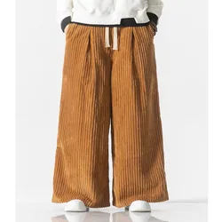 Winter Men's Corduroy Cargo Pants Korean Fashion Warm Fleece Wide Leg Straight Pants Male Casual Thermal Trousers Black/Apricot