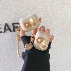 Cute Retro Beige Case for Apple 4 (2024) AirPods 1 2 3rd Generation Bear Flower Case for AirPods Pro Case Keychain Lanyard