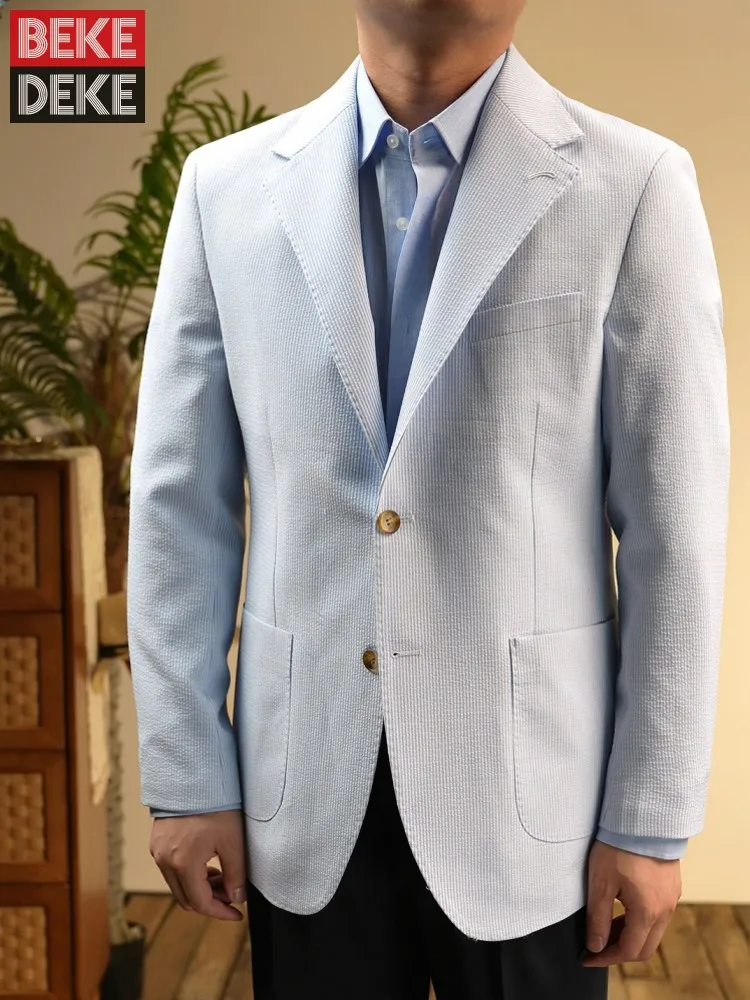 Male Casual Business Work Blue Stripe Blazer Jacket Single Breasted Spring Summer Breathable Man Suit Coat Comfortable Blazers