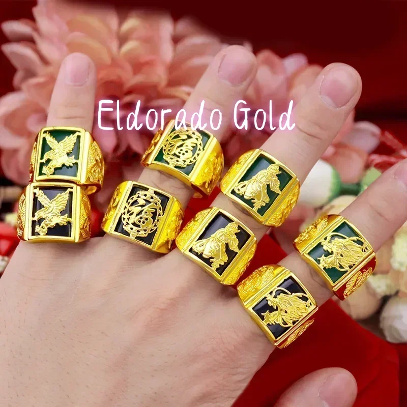 

Eldorado Gold 9999 Real Gold 24K Treasure Micro Business Taobao Eagle Male Ring Guan Gong Emerald Dragon Ring