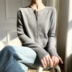 Women's 100% Pure Wool Cardigan, Round Neck Loose Outerwear for Spring and Autumn New Solid Color Knit Long Sleeve Cashmere Base