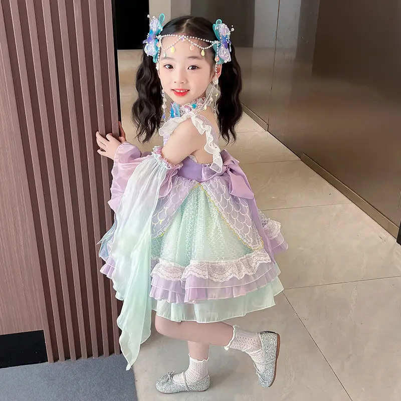 Girl Birthday Tulle Backless Lolita Wedding Ball Gown Party Dress Princess Embroidery Floral Shiny Baby Children Lace Sundress