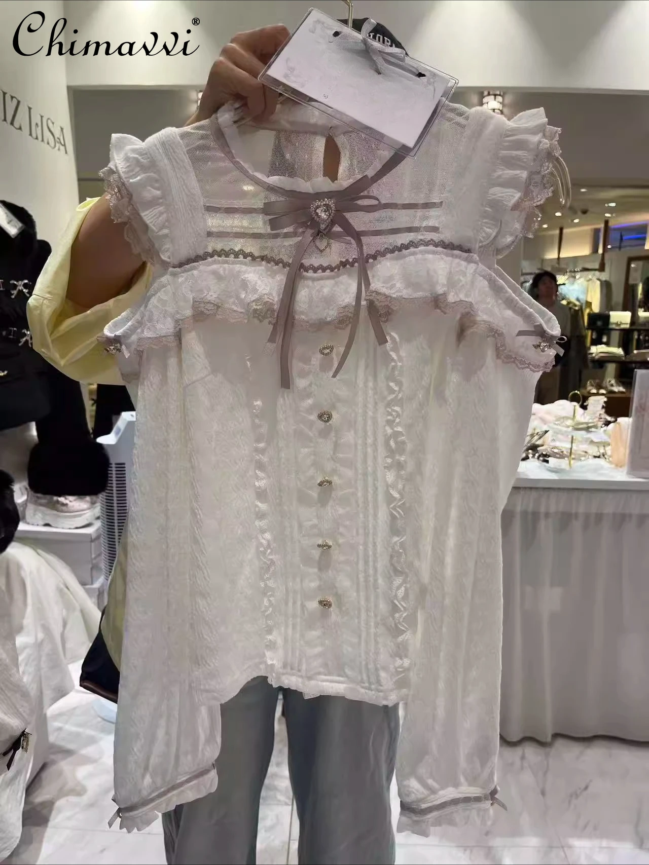 

Liz Princess Sweet Girls Cute Shirt Spring Autumn Japanese Mass-Produced Elegant Lolita Lace Patchwork Off-Shoulder Blouse