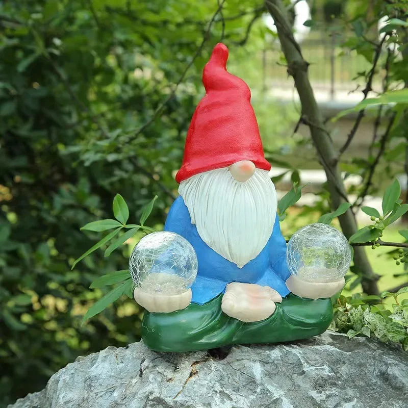 Outdoor Lawn Yard Decoration Resin Gnome Yoga Figurine Holding Glass Ball Garden Statues Solar Light