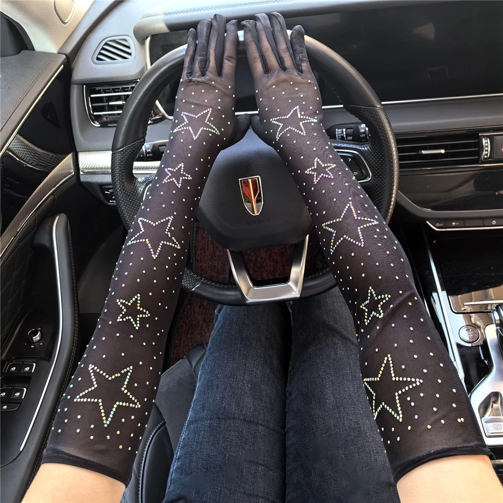 New Star Faux Crystal Sequins Breathable Mesh Long Gloves Summer Drive Sunscree Elastic Punk Hiphop Touch Screen Mittens ST21