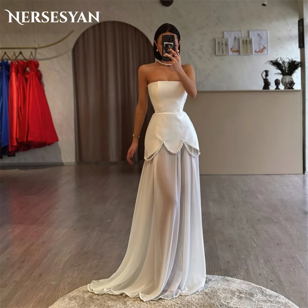 

Nersesyan Elegant Beading Wedding Dresses Strapless A Line Pearls Sleeveless Bride Gowns Off Shoulder Formal Dress Customized