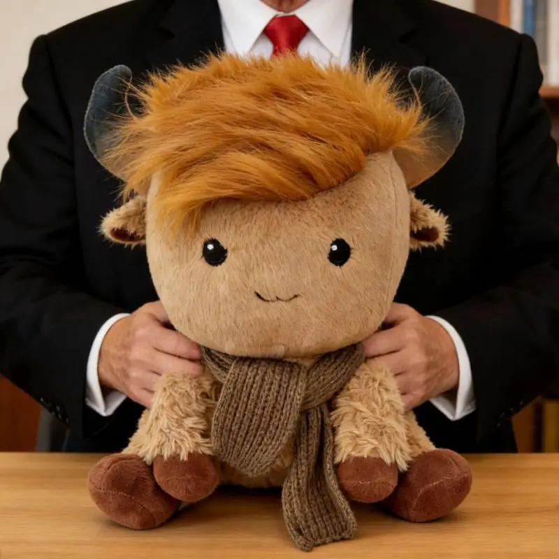 

Мягкая плюшевая игрушка в виде сидящей шотландской высокогорной коровы с вязаным шарфом, милая пушистая кукла для детей, декора дома, подарка на день рождения