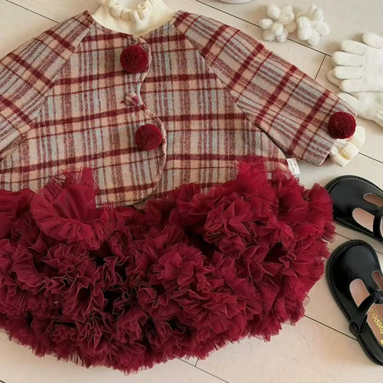 Girls Red Set Autumn Winter New Christmas Checkered Top Wine Red Skirt Set Skirt Fashion and Versatile Simple Daily Routine