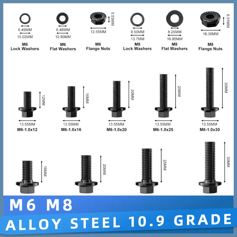 

M6 M8 Metric Flange Hex Bolts and Nuts Set Full Thread Black Zinc Plated Alloy Steel 10.9 Grade Screw Lock & Flat Washers Kit