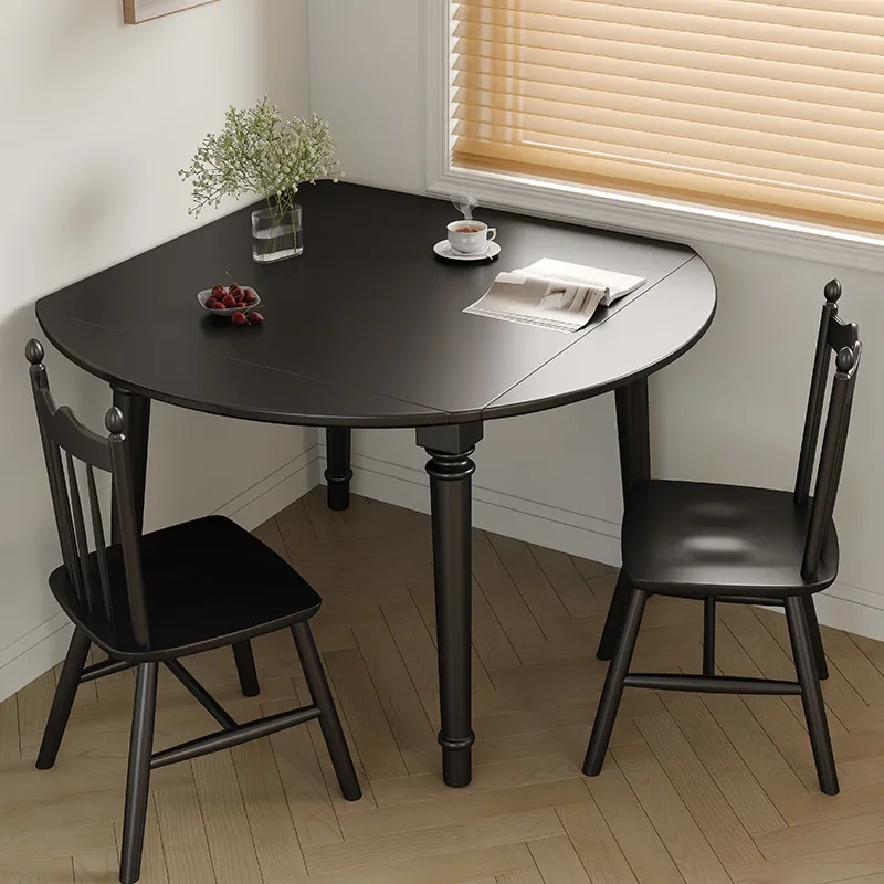 Folding Solid Wood Dining Table Chairs French Retro Style Small Apartment Family Meal American Black All Solid Wood Square Table