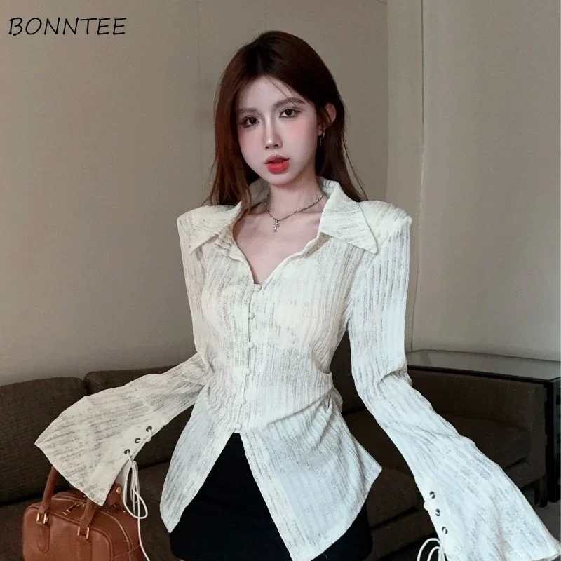 Casual Shirts Women Button-up Bandage Lantern Sleeve Casual Tops All-match Temper Design Tender Slim Korean Tie Dye Chic Daily