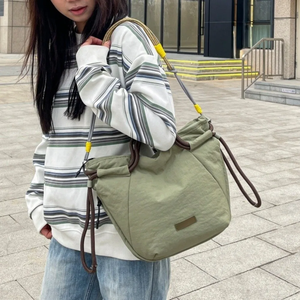 Contrast Color Drawstring Shoulder Bag Multi-pocket Large Capacity Tote Bag Korean Style Webbing Nylon Crossbody Bag Commute