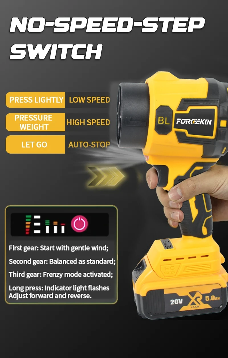 FORGEKIN Bürstenloser Elektrischer Turbolüfter, Langrohr-Gebläse, Handgehaltener Laubbläser, Schneewerkzeug für Dewalt 20V Akku – Detail 2