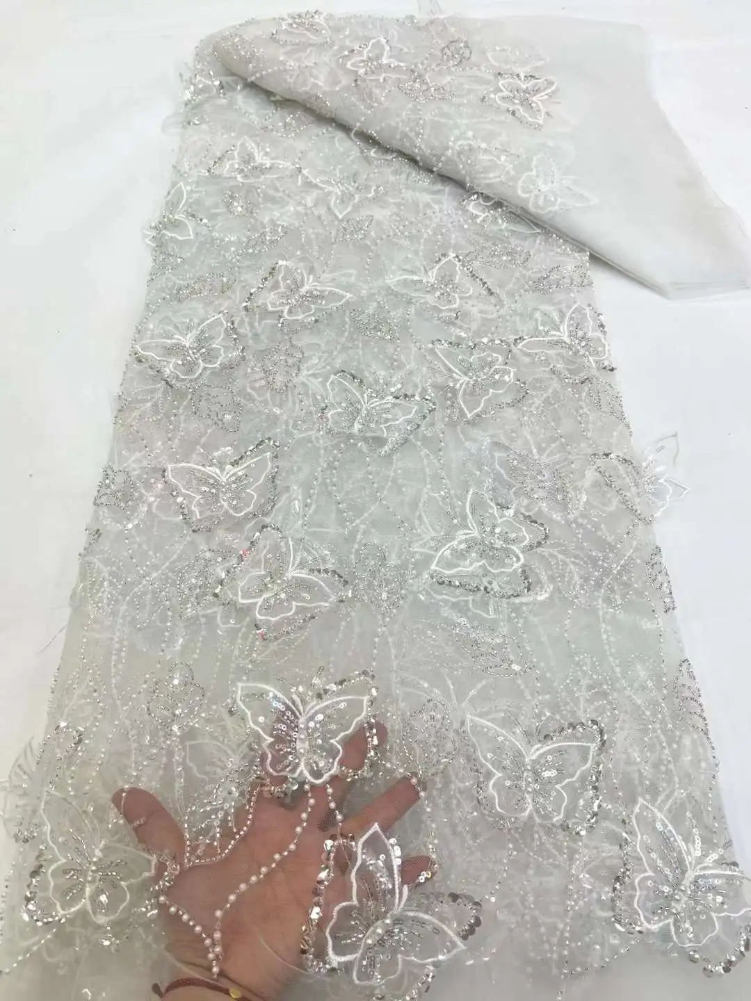 

African Handmade Beaded Tulle Lace Fabric 2024 Nigerian Luxury Heavy Sequins And Pearls Lace Fabric For Woamn Party Dress XC