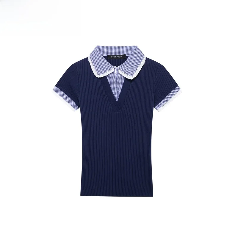 

Spring New Sle Women's T-irt Color Blo ort Sve Ribbed Collar Top Commute Slim Fit Polyester Fiber Regular Thin