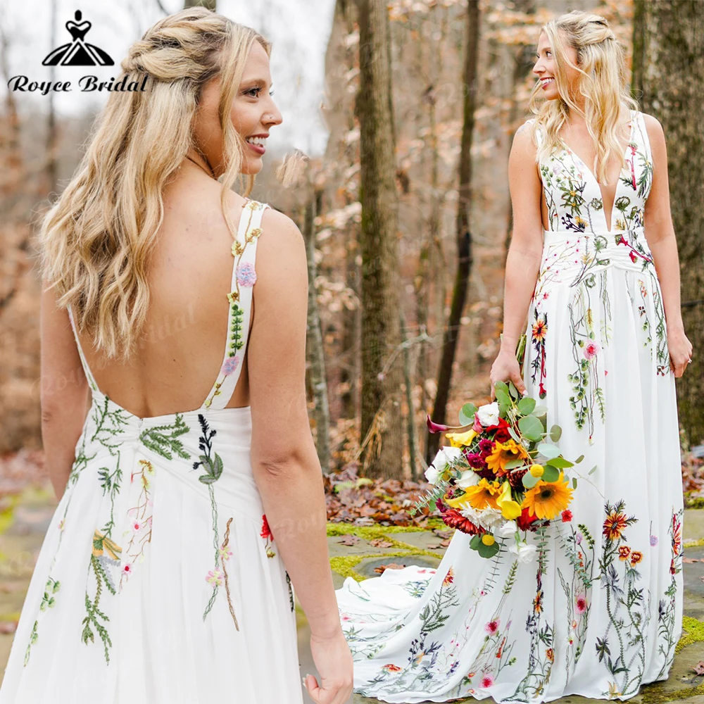 Jardim elopement flor flor silvestre colorido único vestido de casamento floral para mulher 2025 vestido de noiva bordado personalizado